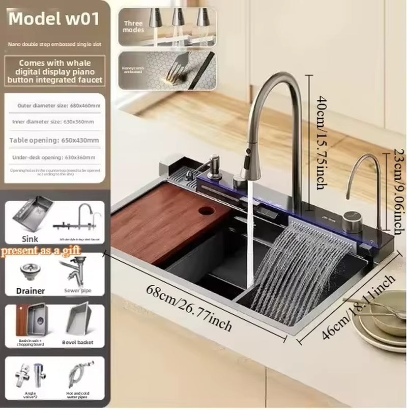 Kitchen Sink, Multifunctional Kitchen Sinks,Stainless Steel Waterfall Smart Washbasin, Multiple Sizes,With Digital Display