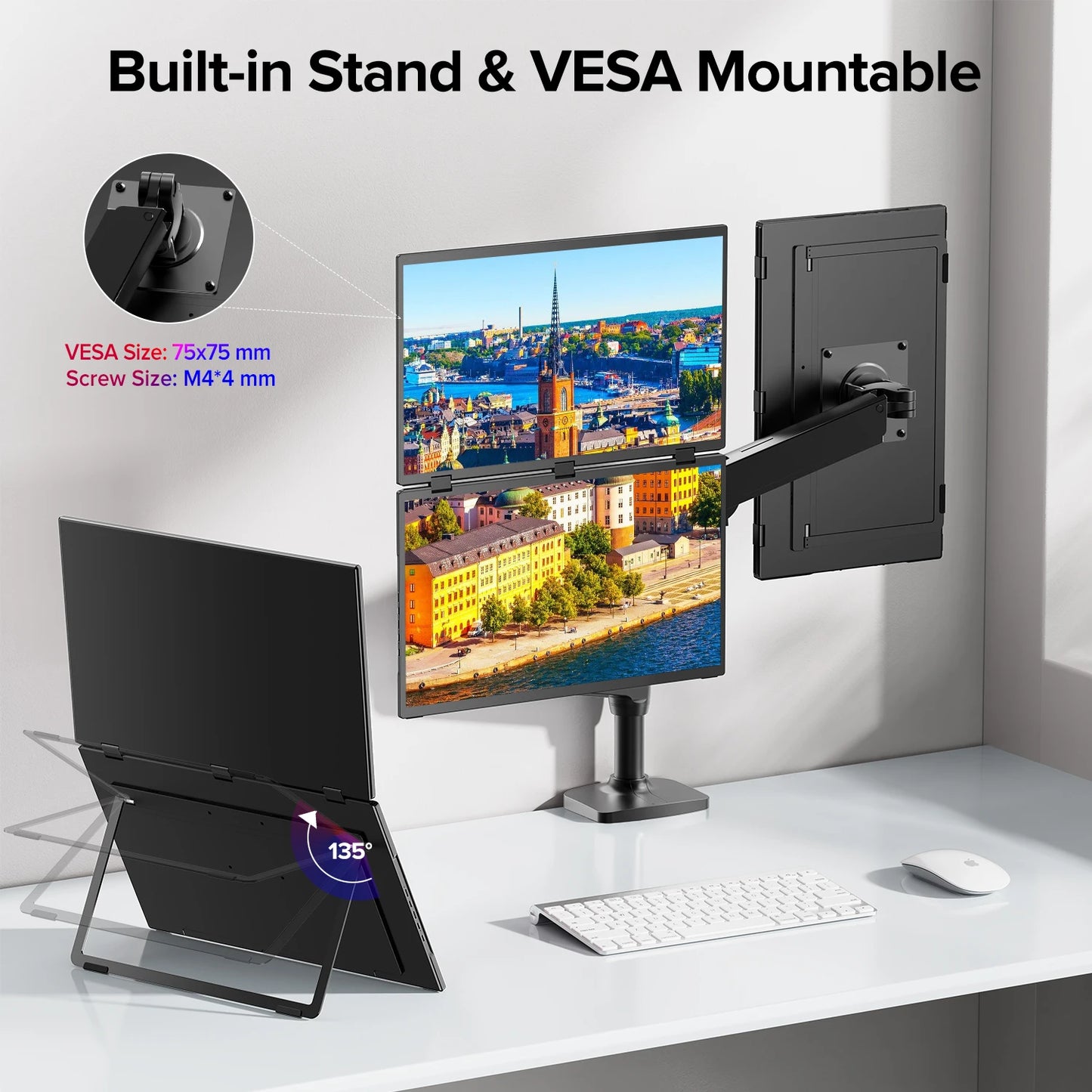 Ustation Δ / Delta plus Stacked Monitor No Drive Required Laptop Dual Screen Folding 18.5" with USB C Mini HDMI for PC Mac Phone